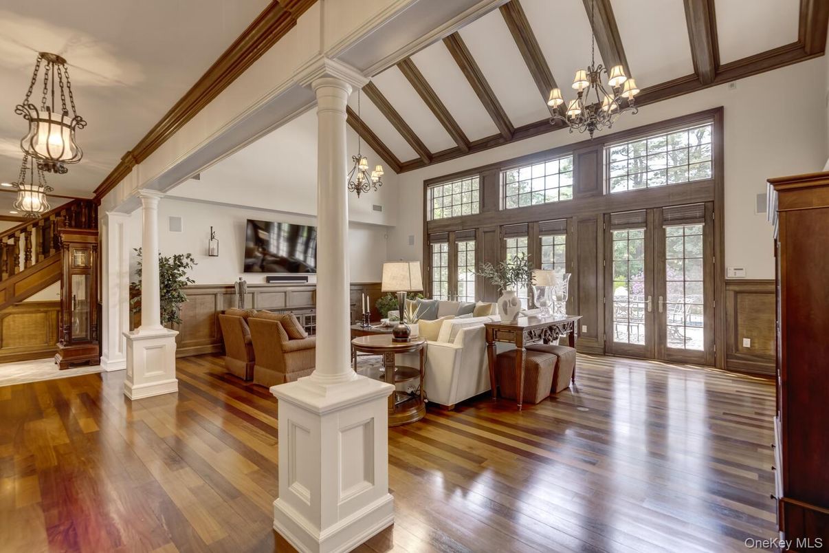 Chandelier, Interior, Living room, Wooden Beams, Wood Texture Flooring