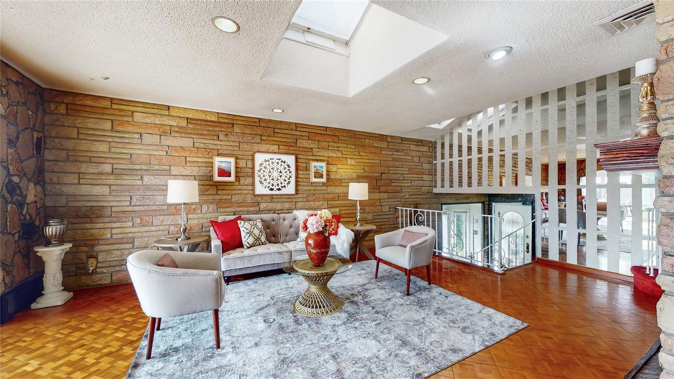 Interior, Living room, Recessed Lighting, Stone Walls, Wood Texture Flooring, Wooden Walls