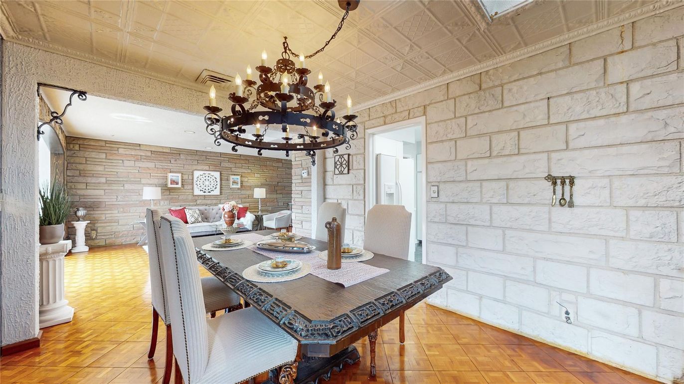 Chandelier, Dining room, Interior, Stone Walls, Wood Texture Flooring