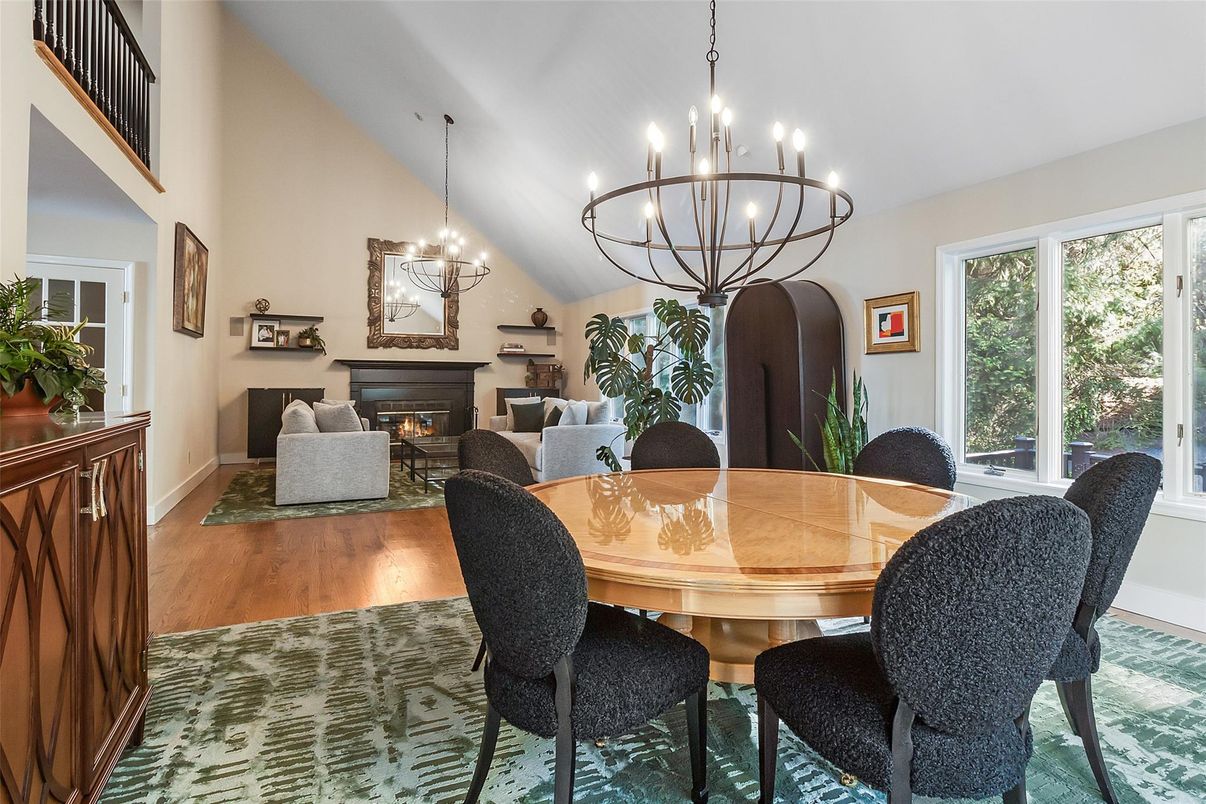 Chandelier, Dining room, Fireplace, Interior, Living room, Pendant Lights, Wood Texture Flooring