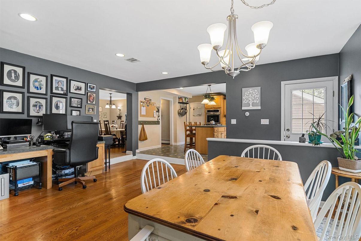 Chandelier, Home Office, Interior, Recessed Lighting, Wood Texture Flooring