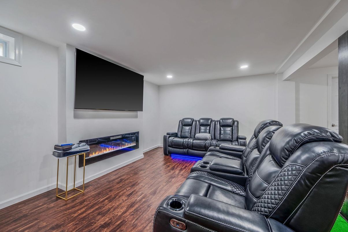 Home Theatre Room, Fireplace, Interior, Recessed Lighting, Theatre Room, Wood Texture Flooring