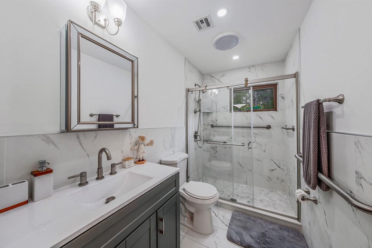 Bathroom, Glass Shower, Interior, Marble, Marble Walls, Recessed Lighting