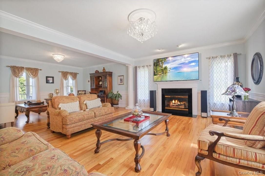 Chandelier, Fireplace, Interior, Living room, Wood Texture Flooring