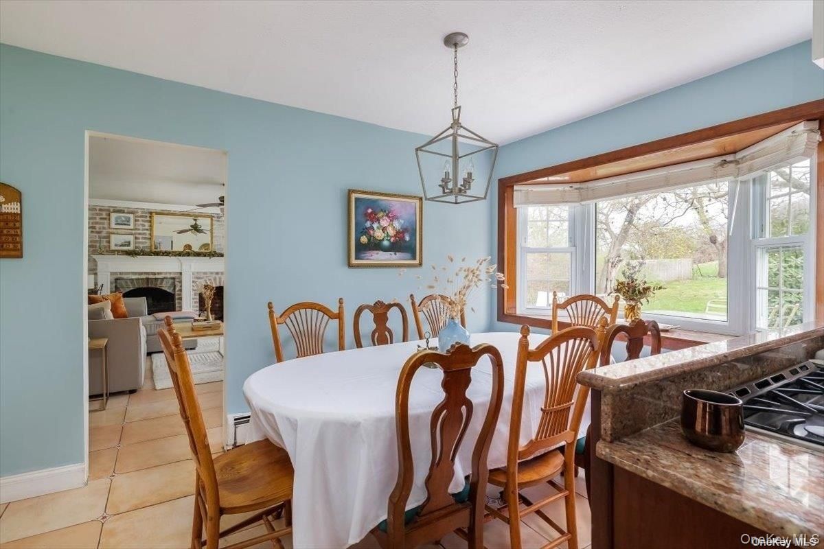 Dining room, Fireplace, Interior, Pendant Lights
