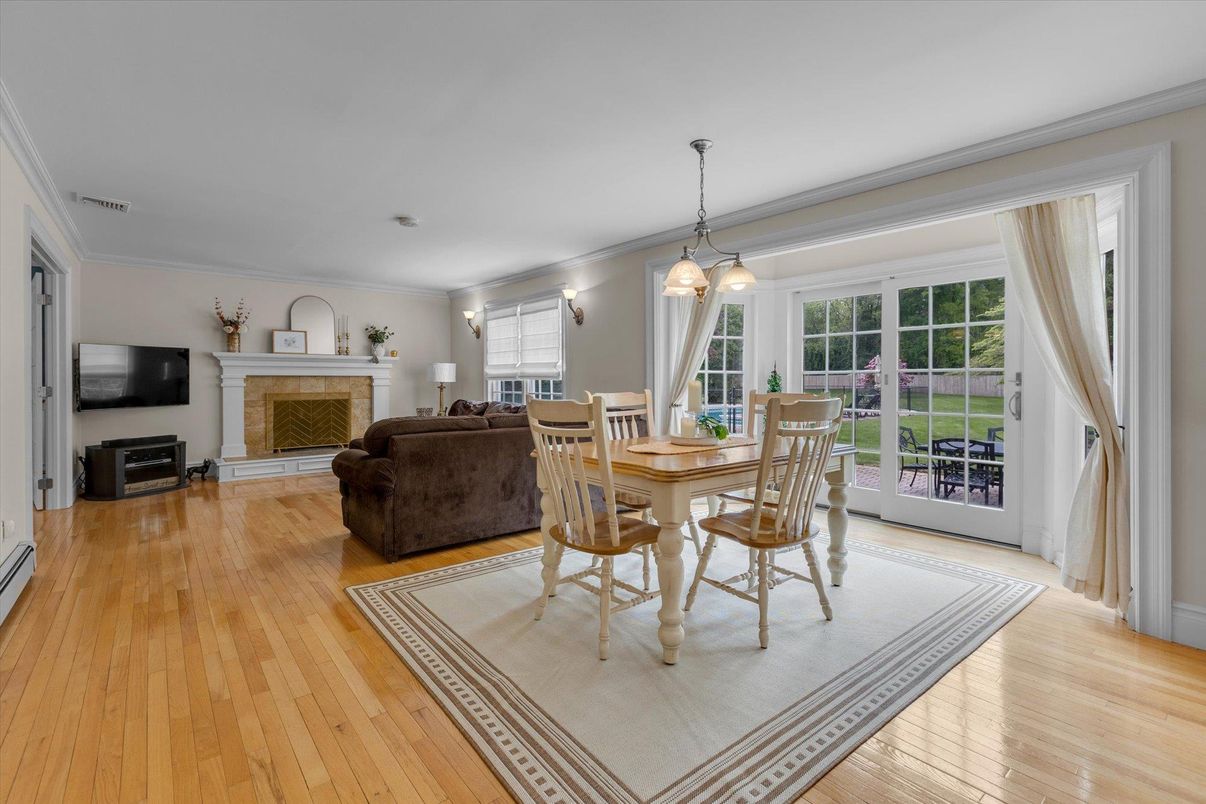 Dining room, Fireplace, Interior, Living room, Pendant Lights, Wood Texture Flooring