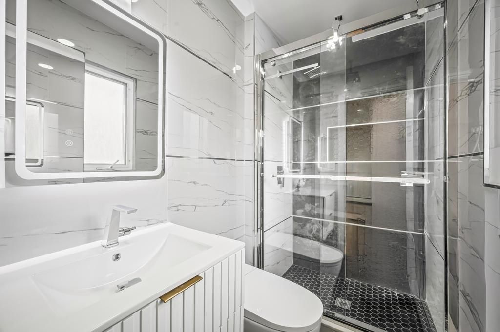 Bathroom, Glass Shower, Interior, Marble Walls, Recessed Lighting