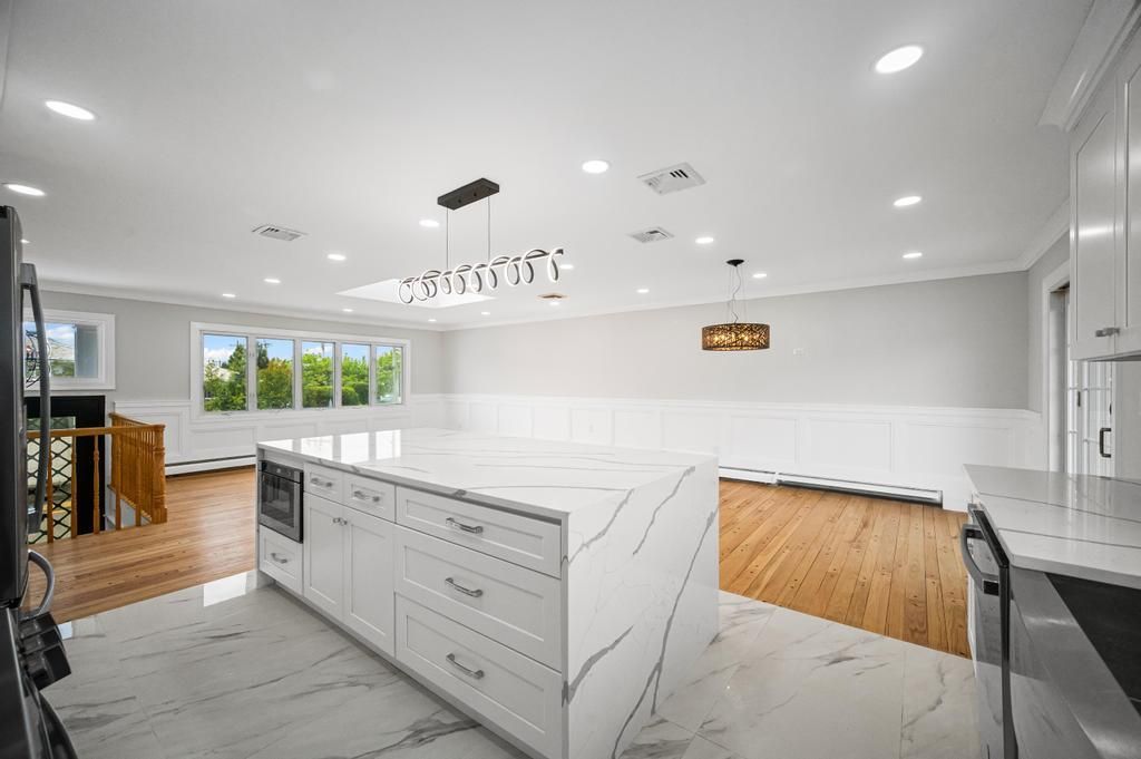 Interior, Kitchen, Marble, Pendant Lights, Recessed Lighting, Wood Texture Flooring