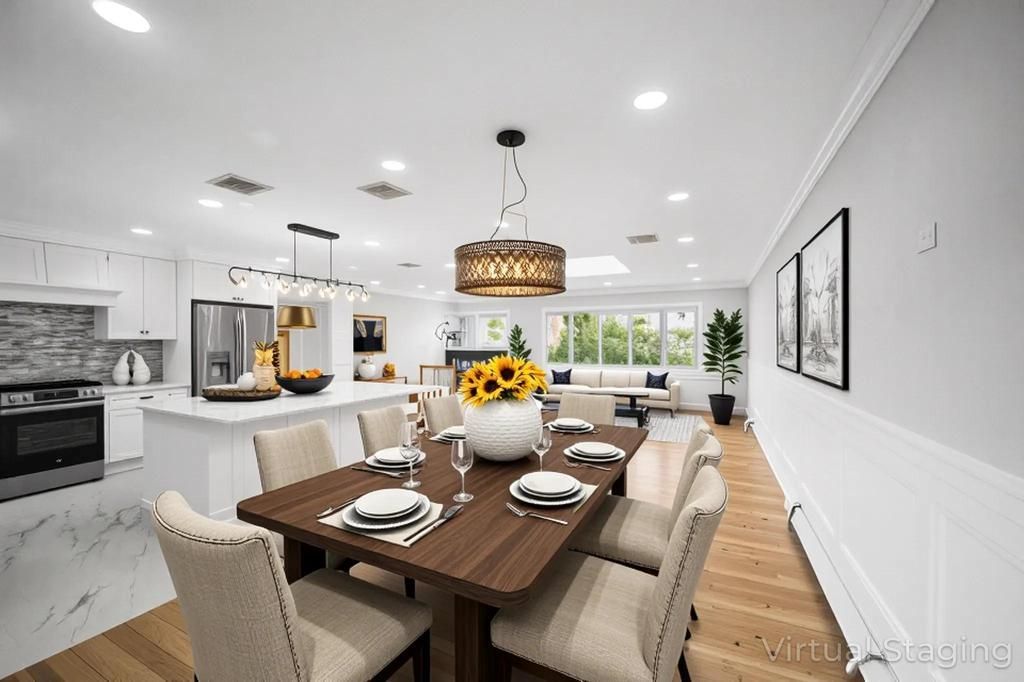 Dining room, Interior, Kitchen, Living room, Marble, Pendant Lights, Recessed Lighting, Stainless Steel Appliances, Wood Texture Flooring