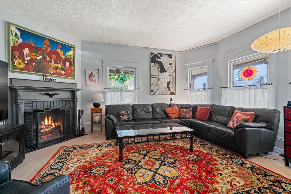 Fireplace, Interior, Living room, Pendant Lights, Wood Texture Flooring