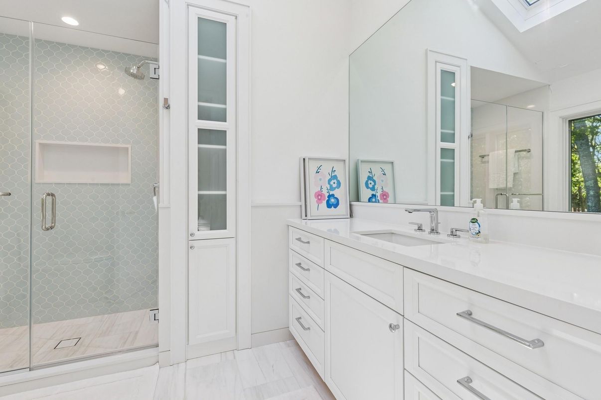 Bathroom, Dual Sink Vanities, Glass Shower, Interior, Recessed Lighting