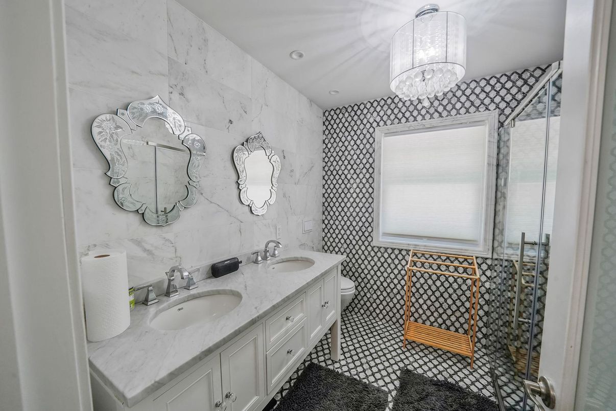 Bathroom, Dual Sink Vanities, Interior, Marble Walls, Recessed Lighting