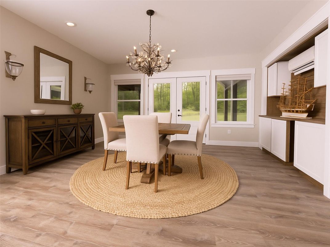 Chandelier, Dining room, Interior, Pendant Lights, Recessed Lighting, Wood Texture Flooring