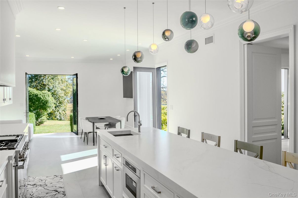 Interior, Kitchen, Marble, Pendant Lights, Recessed Lighting, Stainless Steel Appliances