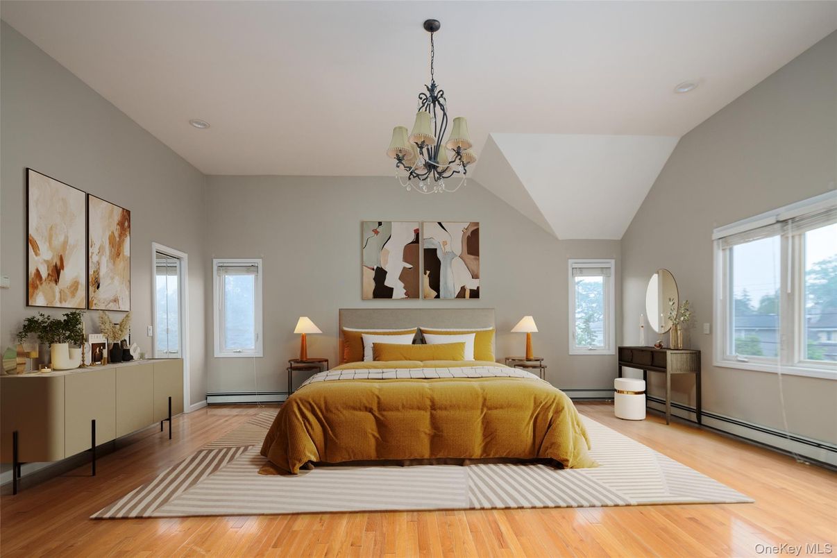 Bedroom, Chandelier, Interior, Wood Texture Flooring