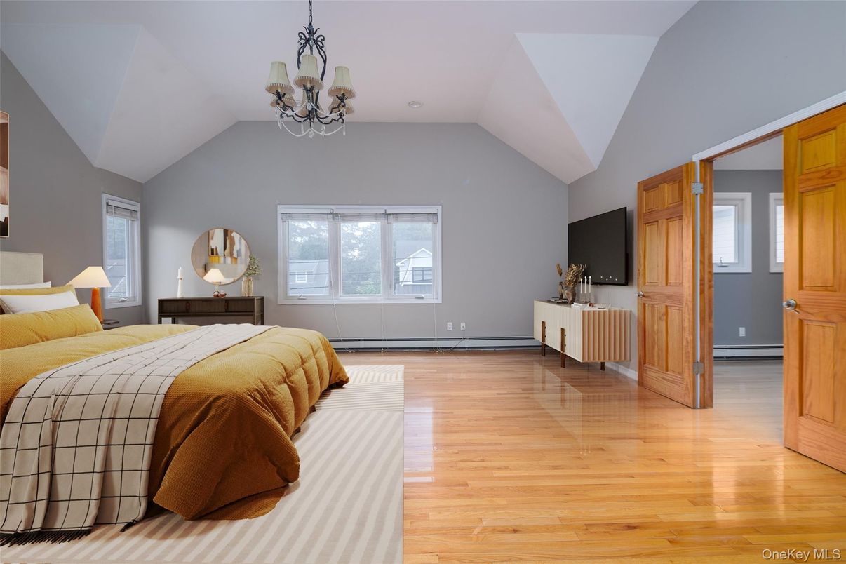 Bedroom, Chandelier, Interior, Wood Texture Flooring