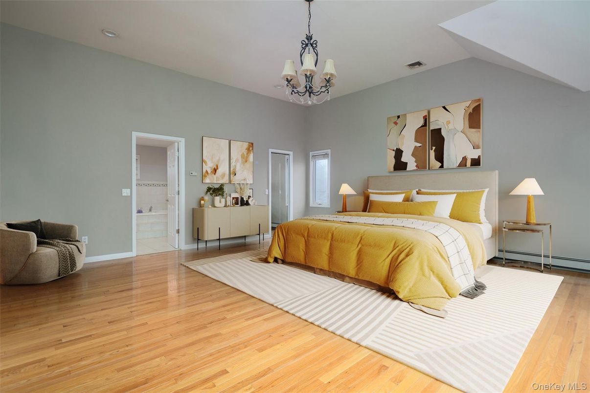 Bedroom, Chandelier, Interior, Recessed Lighting, Wood Texture Flooring