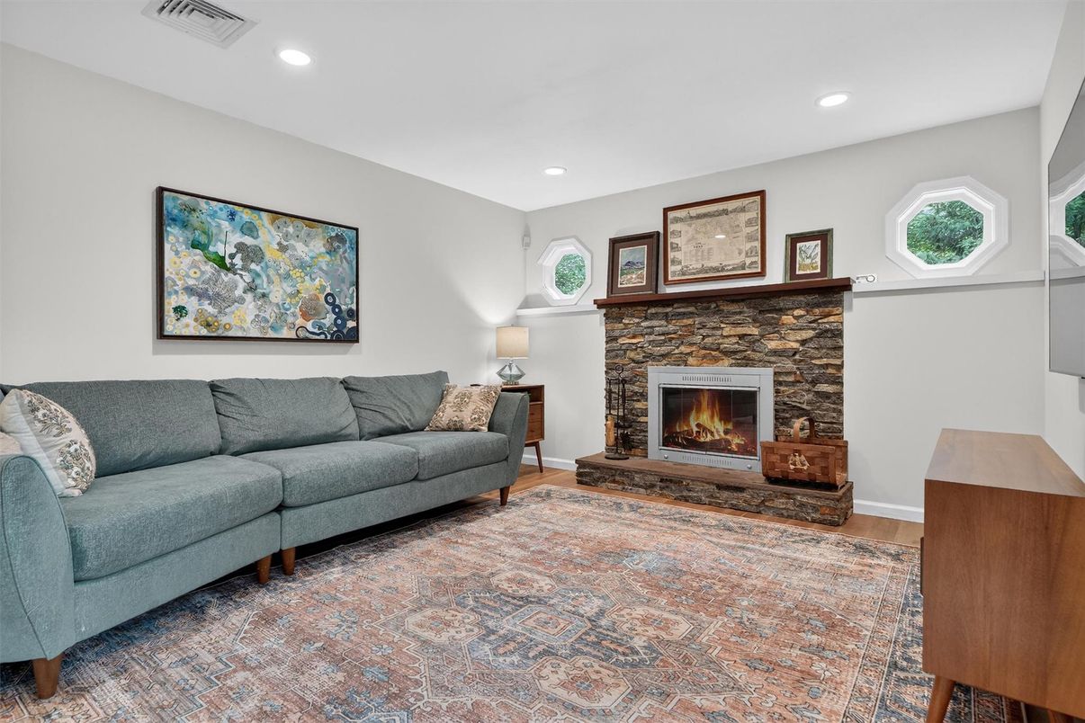 Fireplace, Interior, Living room, Recessed Lighting, Wood Texture Flooring