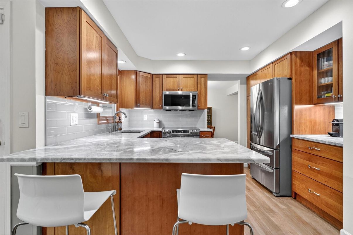 Interior, Kitchen, Recessed Lighting, Stainless Steel Appliances, Wood Texture Flooring