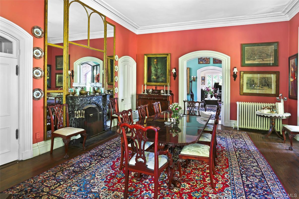 Dining room, Fireplace, Interior, Wood Texture Flooring