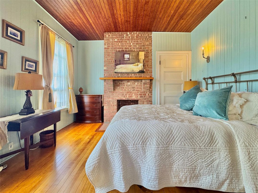Bedroom, Fireplace, Interior, Stone Walls, Wooden Ceilings, Wood Texture Flooring