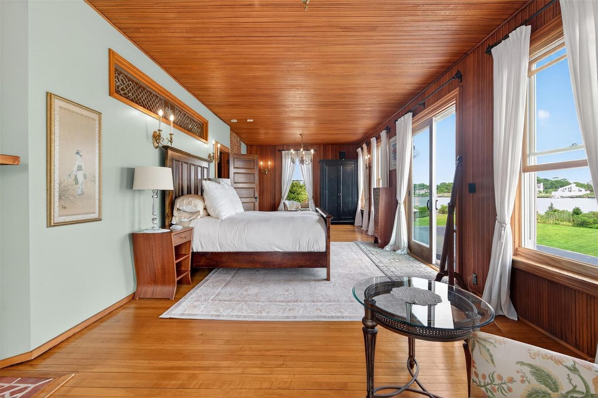 Bedroom, Chandelier, Interior, Recessed Lighting, Wooden Ceilings, Wood Texture Flooring