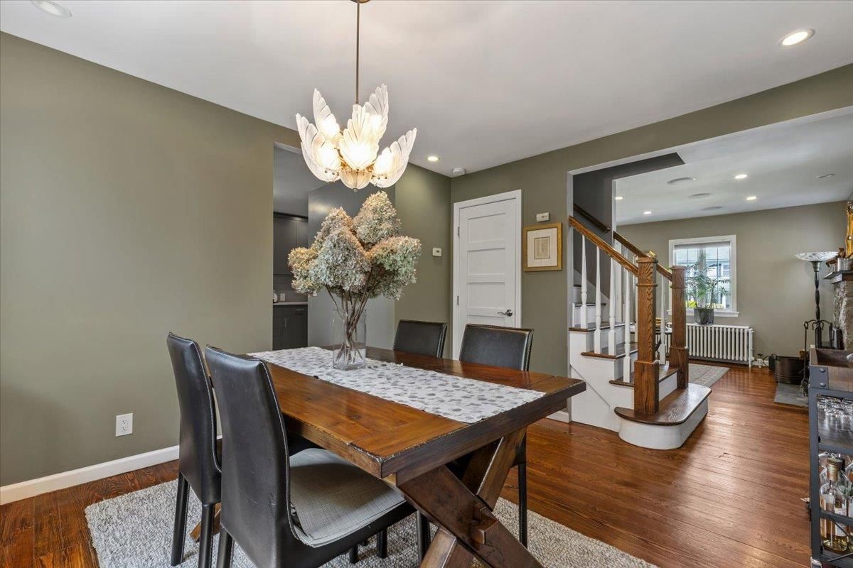 Dining room, Interior, Pendant Lights, Recessed Lighting, Wood Texture Flooring