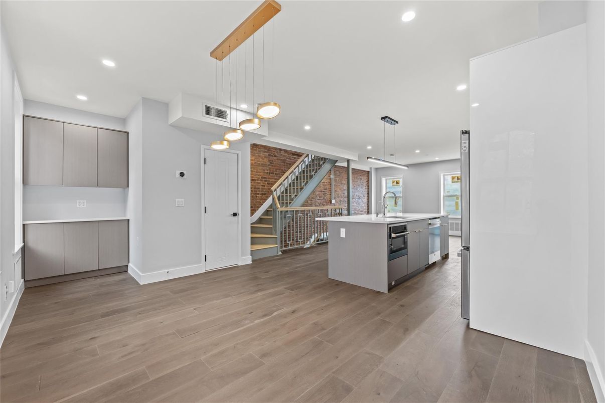 Interior, Kitchen, Pendant Lights, Recessed Lighting, Stone Walls, Wood Texture Flooring