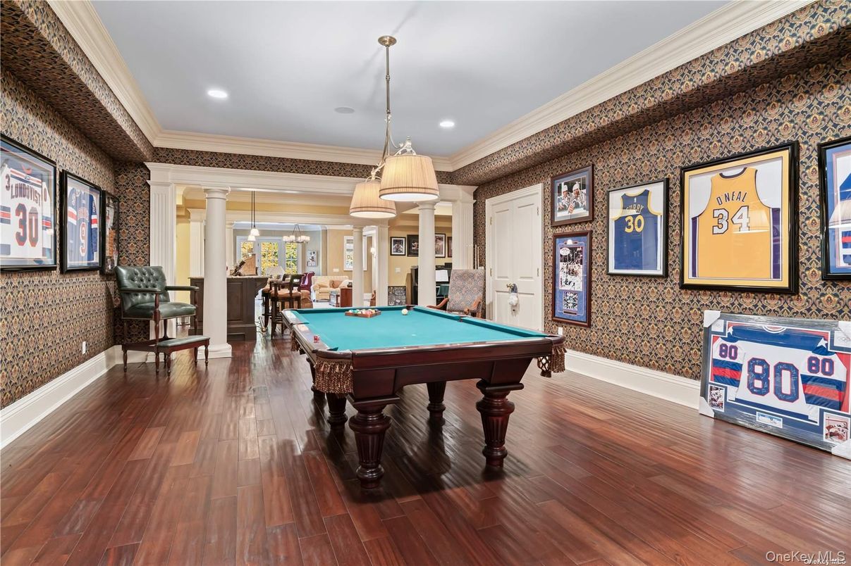 Billiard Table, Game Room, Interior, Pendant Lights, Recessed Lighting, Wood Texture Flooring