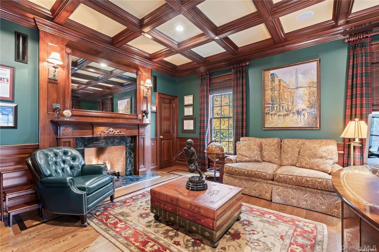 Fireplace, Interior, Living room, Recessed Lighting, Wooden Beams, Wood Texture Flooring, Wooden Walls