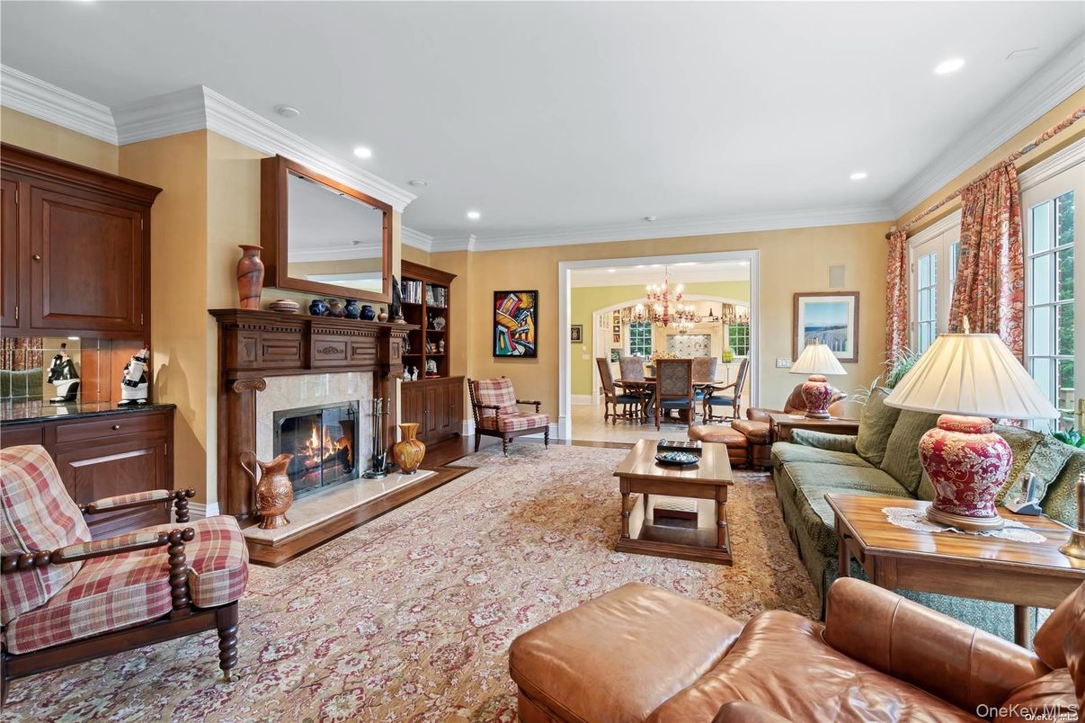 Chandelier, Dining room, Fireplace, Interior, Living room, Recessed Lighting