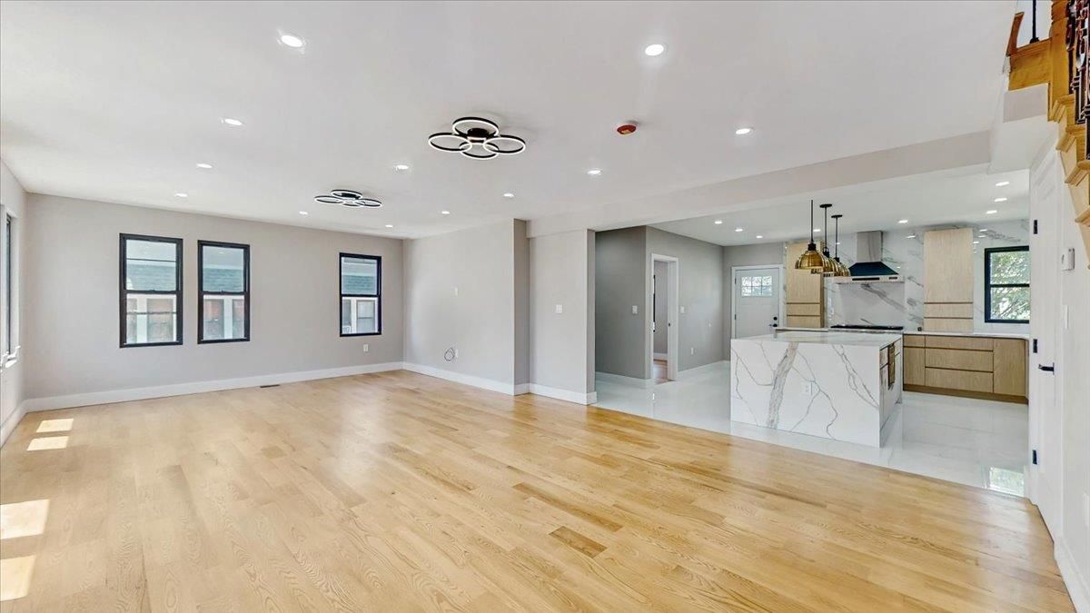 Empty room, Interior, Kitchen, Pendant Lights, Recessed Lighting, Wood Texture Flooring