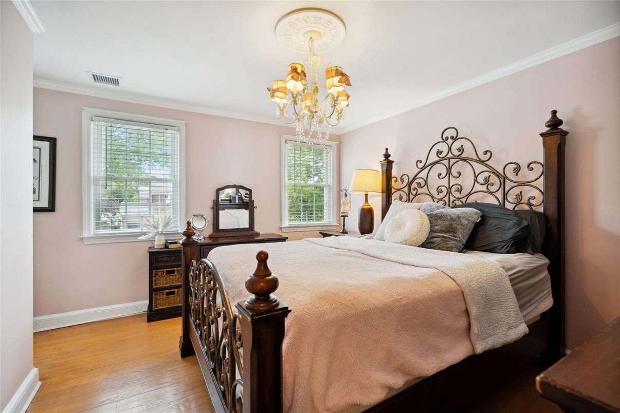 Bedroom, Chandelier, Interior, Wood Texture Flooring