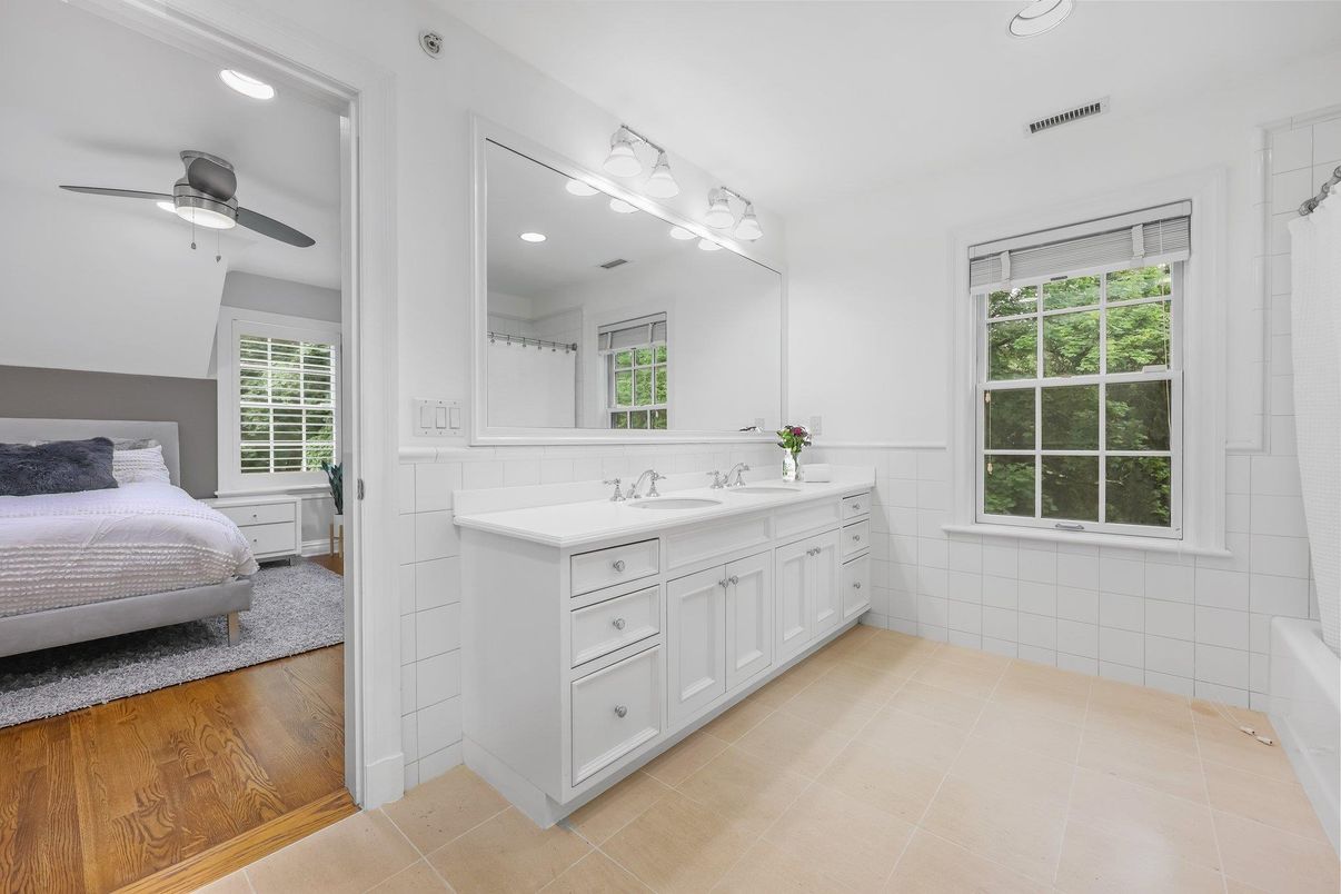 Bathroom, Bedroom, Dual Sink Vanities, Interior, Recessed Lighting, Wood Texture Flooring