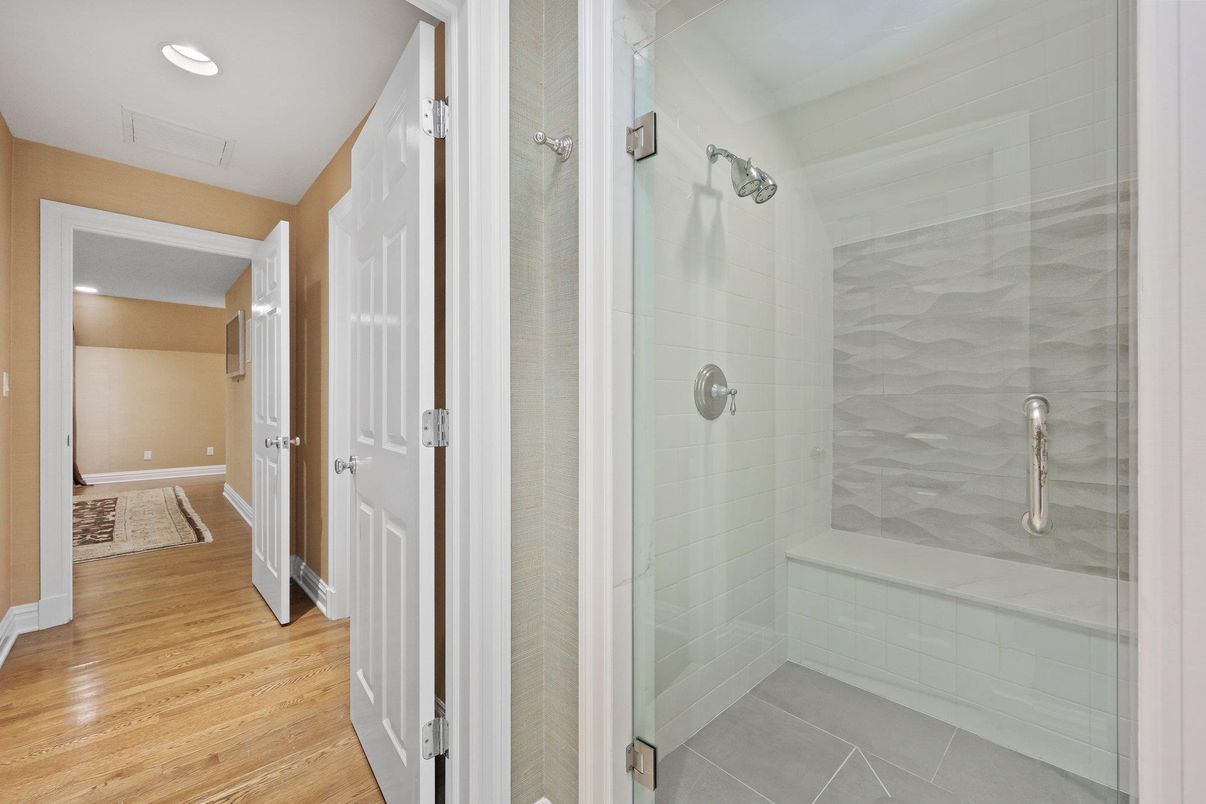 Bathroom, Glass Shower, Interior, Recessed Lighting, Wood Texture Flooring