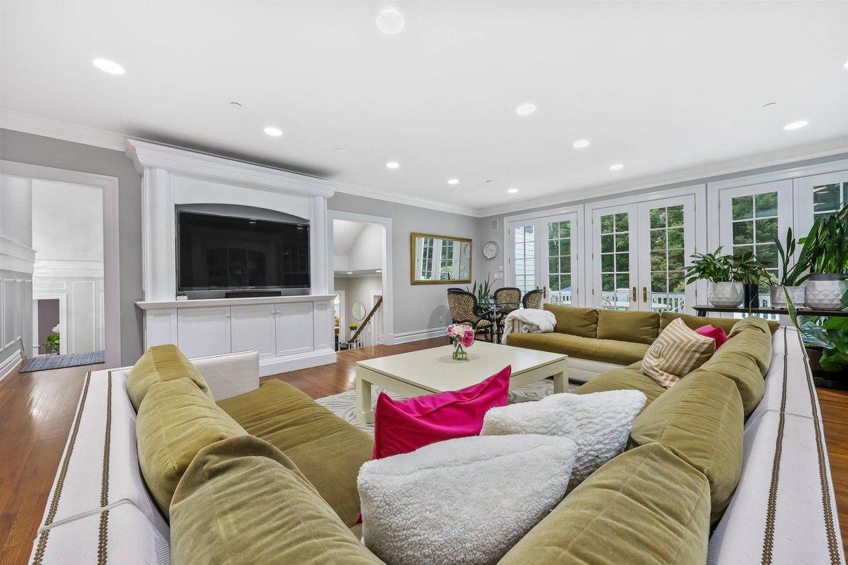 Dining room, Fireplace, Interior, Living room, Recessed Lighting, Wood Texture Flooring