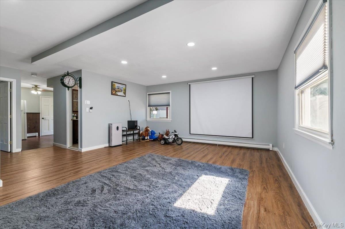 Empty room, Interior, Projection Screen, Recessed Lighting, Wood Texture Flooring