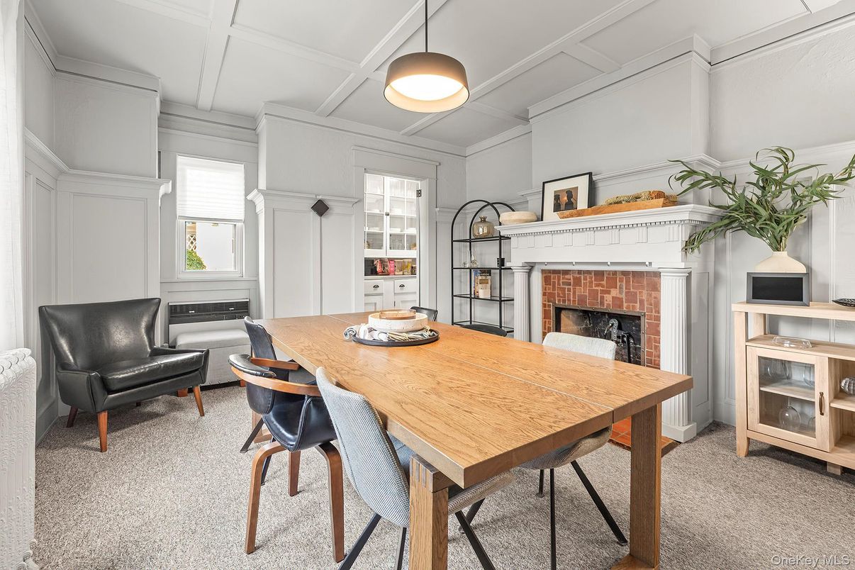 Dining room, Fireplace, Interior, Pendant Lights