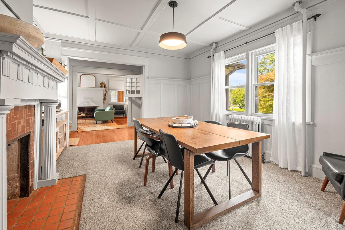 Dining room, Fireplace, Interior, Pendant Lights, Wood Texture Flooring