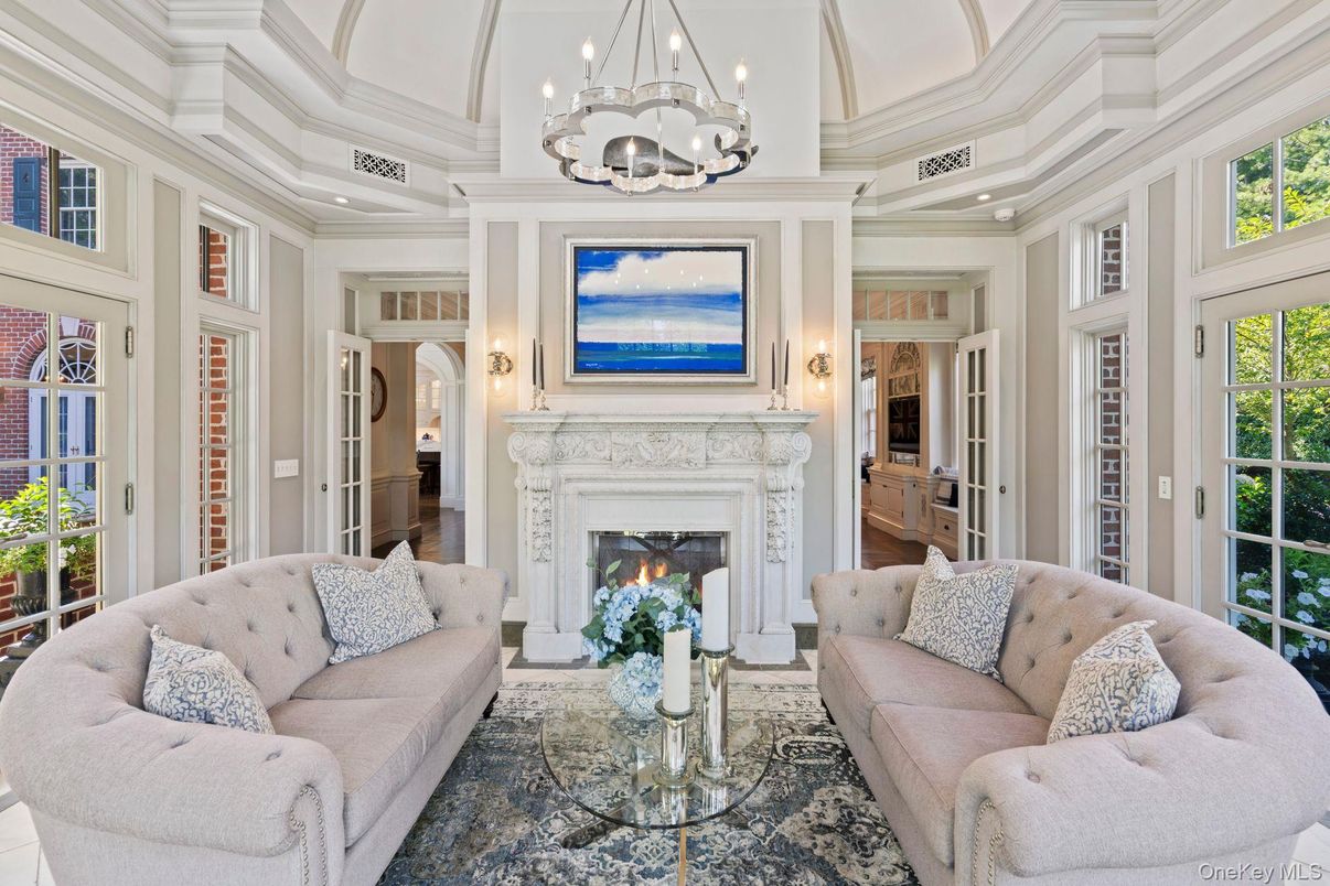 Chandelier, Fireplace, Interior, Living room, Recessed Lighting, Wood Texture Flooring