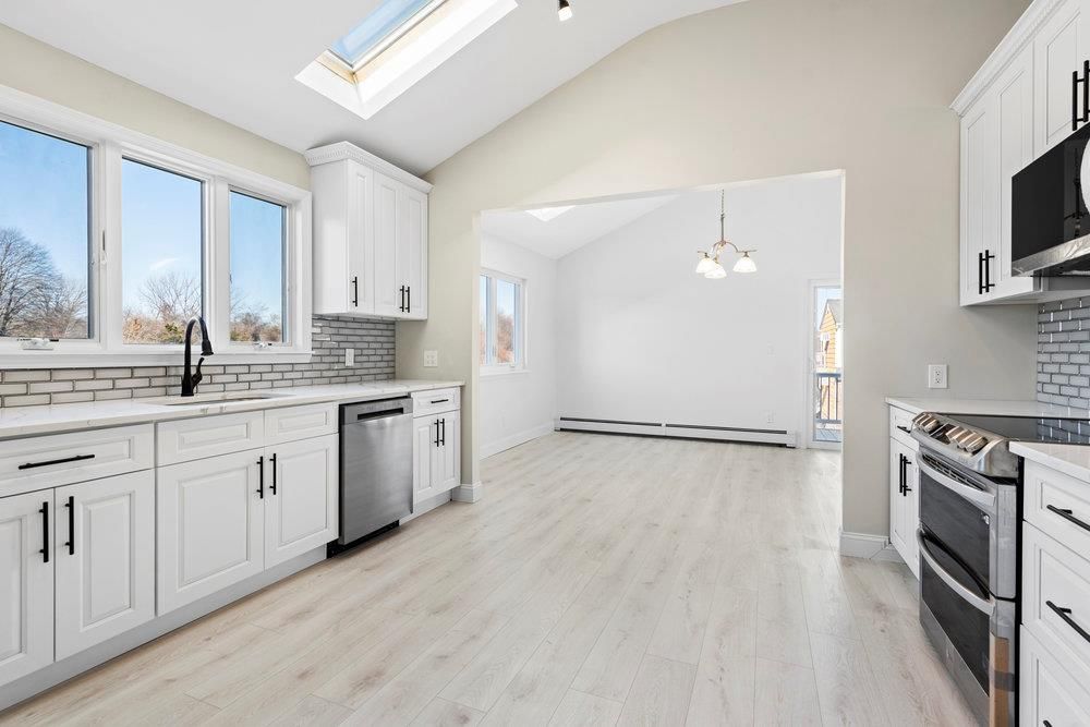 Interior, Kitchen, Pendant Lights, Stainless Steel Appliances, Wood Texture Flooring