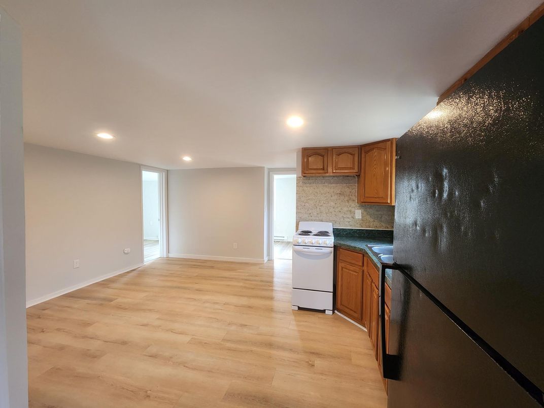 Interior, Kitchen, Recessed Lighting, Washer, Wood Texture Flooring