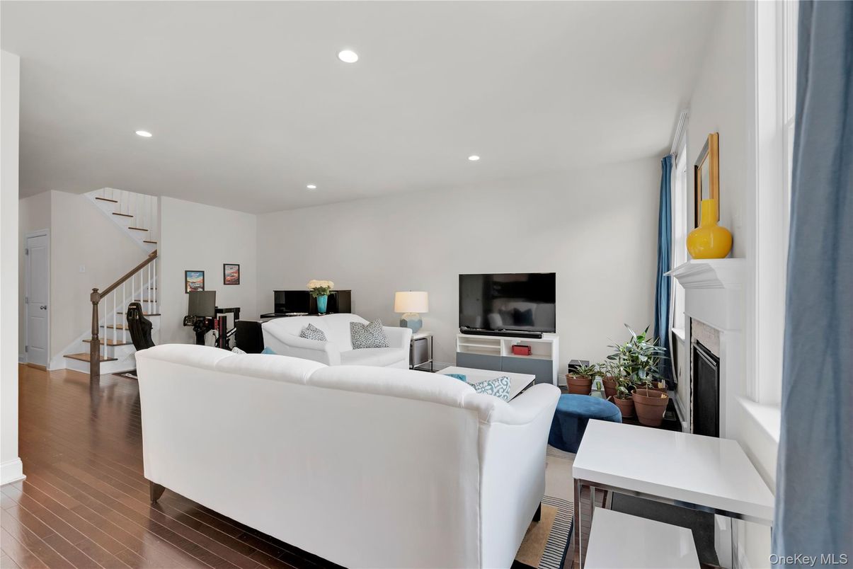 Fireplace, Interior, Living room, Recessed Lighting, Wood Texture Flooring