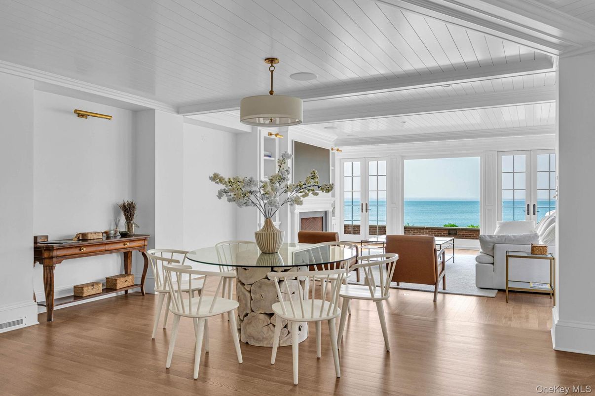 Dining room, Fireplace, Interior, Living room, Water, Wood Texture Flooring