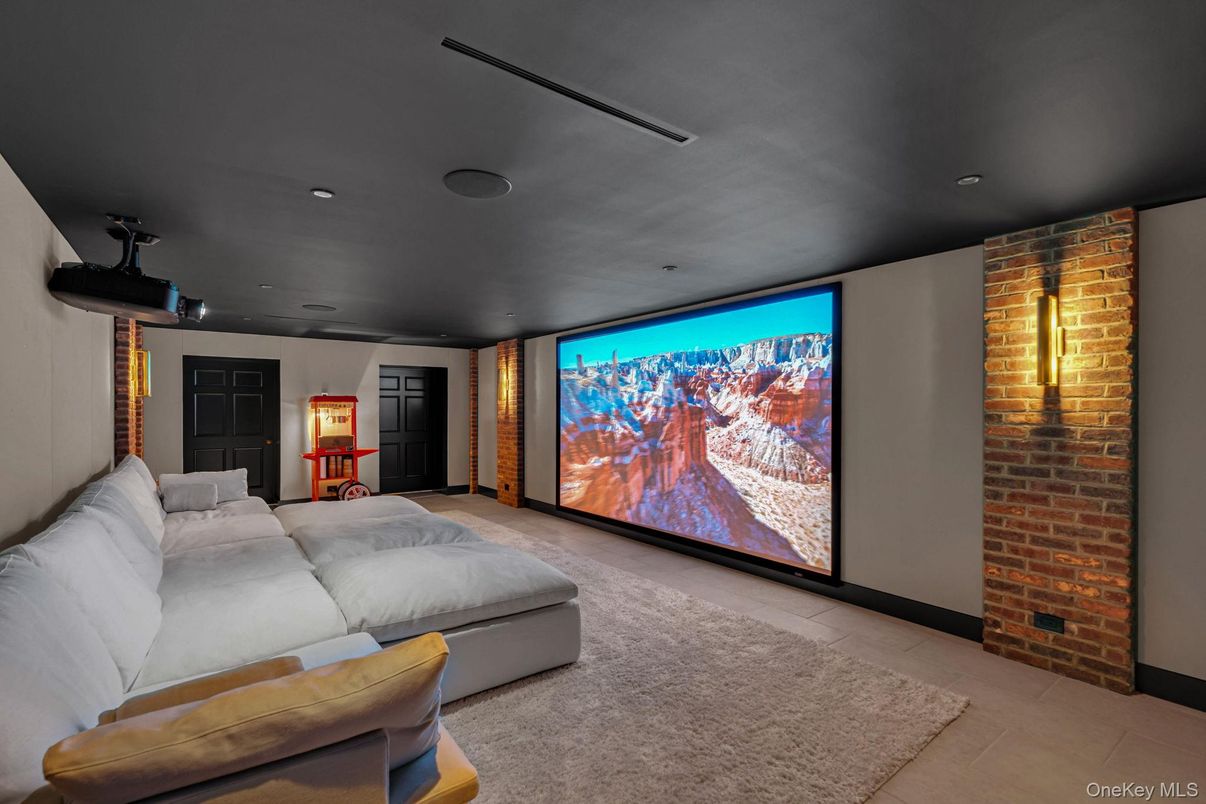 Interior, Projection Screen, Recessed Lighting, Stone Walls