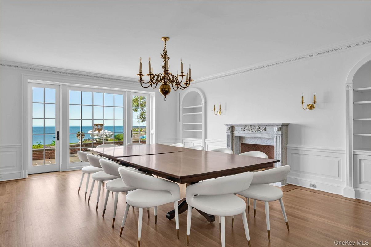 Chandelier, Dining room, Fireplace, Interior, Water, Wood Texture Flooring