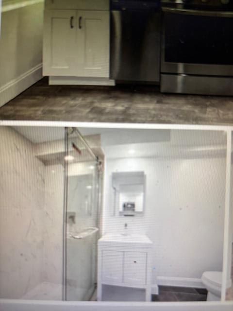 Bathroom, Glass Shower, Interior, Wood Texture Flooring