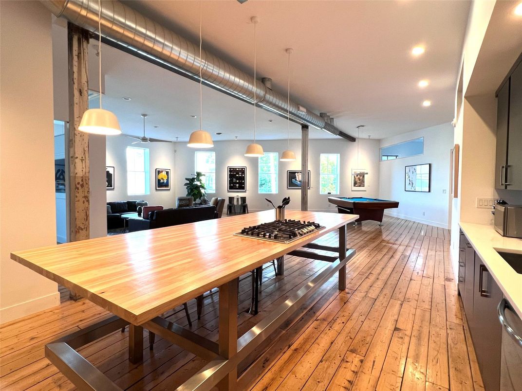 Billiard Table, Dining room, Game Room, Interior, Pendant Lights, Recessed Lighting, Wood Texture Flooring