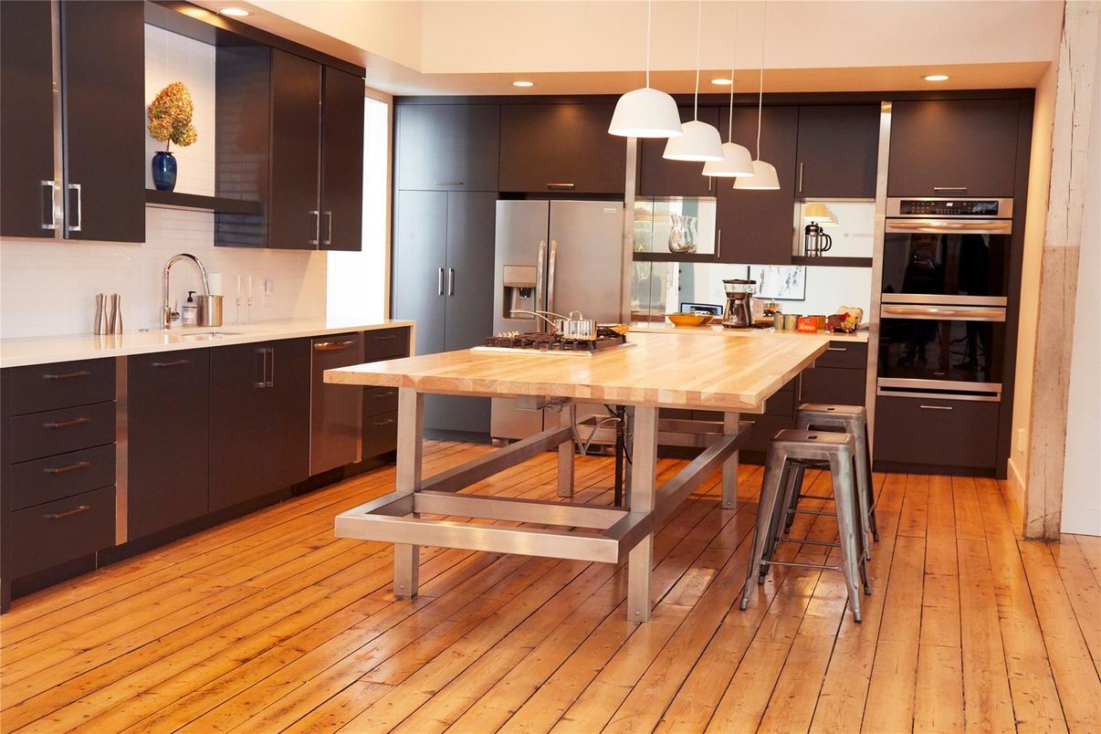 Interior, Kitchen, Pendant Lights, Recessed Lighting, Stainless Steel Appliances, Wood Texture Flooring