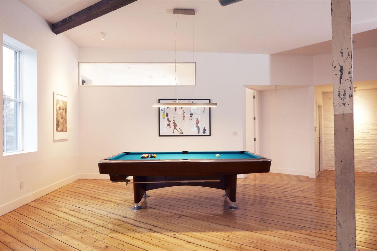 Billiard Table, Game Room, Interior, Pendant Lights, Wood Texture Flooring